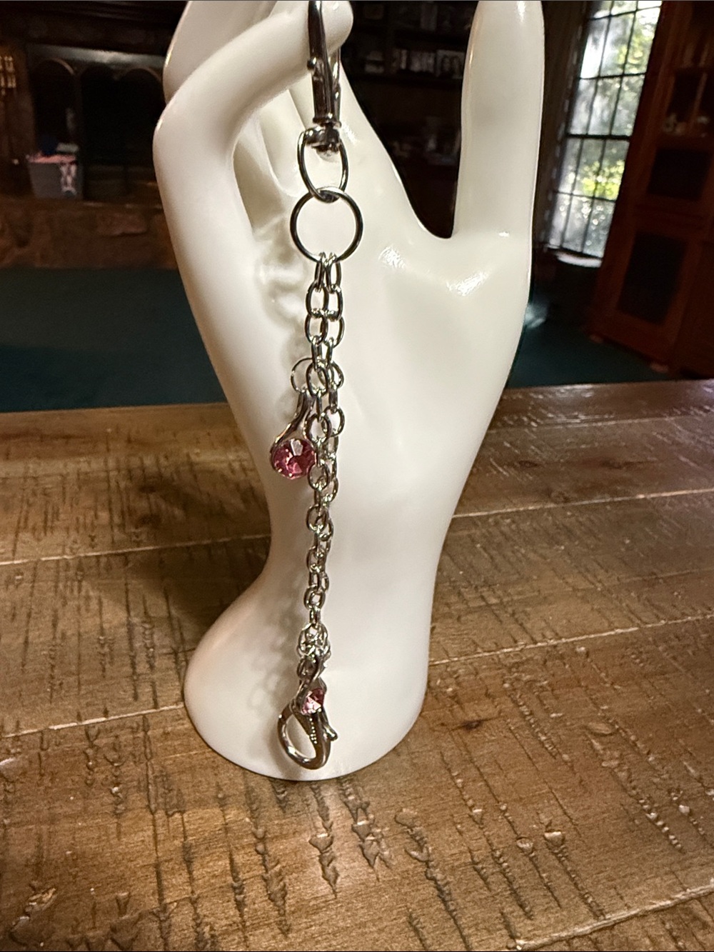 Silver Chain Dangle keychain with Pink Crystal Accents